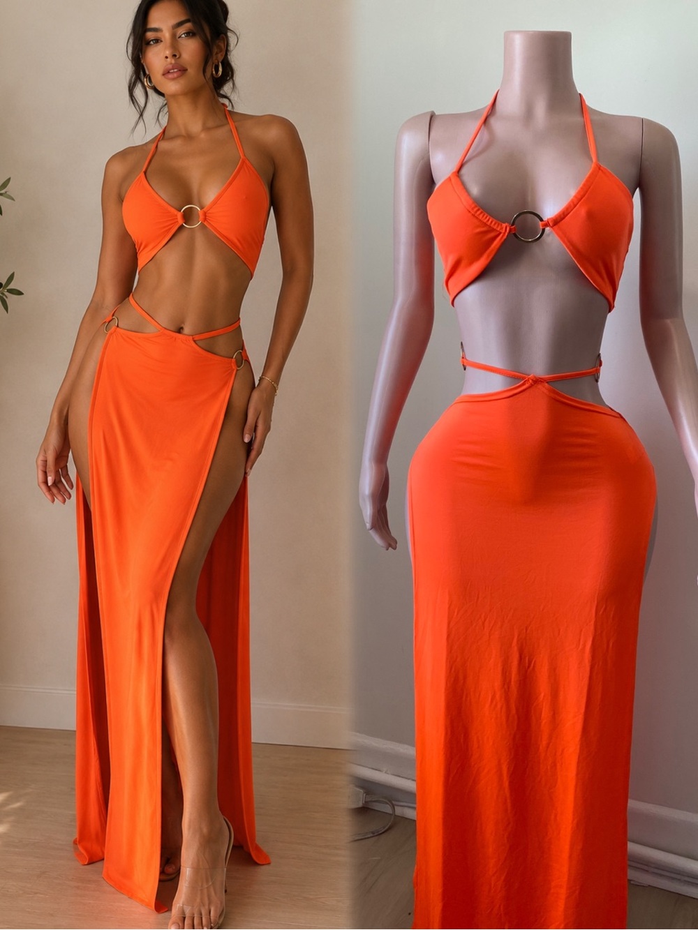 Orange Cutout Halter Maxi Dress with Ring Detail